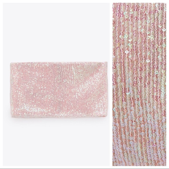 NWT. Zara Cream/Pink Sequinned Crop Top. Size M. - Picture 9 of 13